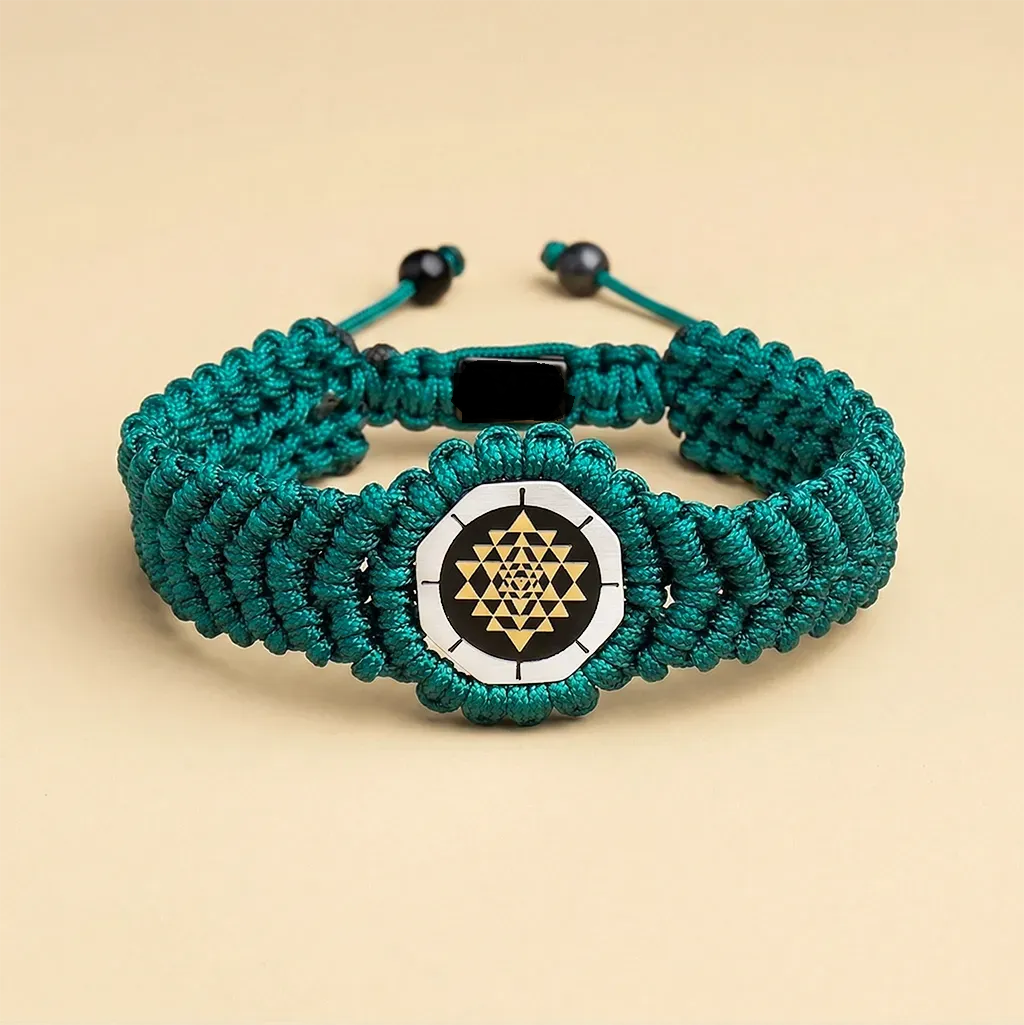 Handcrafted Green Sri Yantra Adjustable Bracelet | Sacred Protection & Prosperity Bracelet