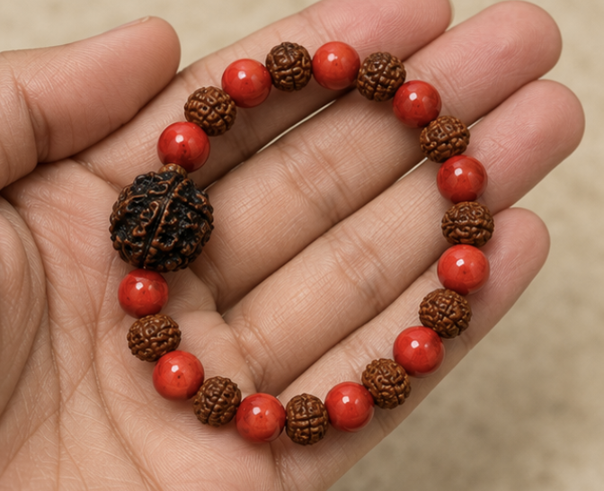 Red Coral & Rudraksh Bracelet | 14 Grams | Natural Gemstone & Rudraksh Bracelet - Image 2