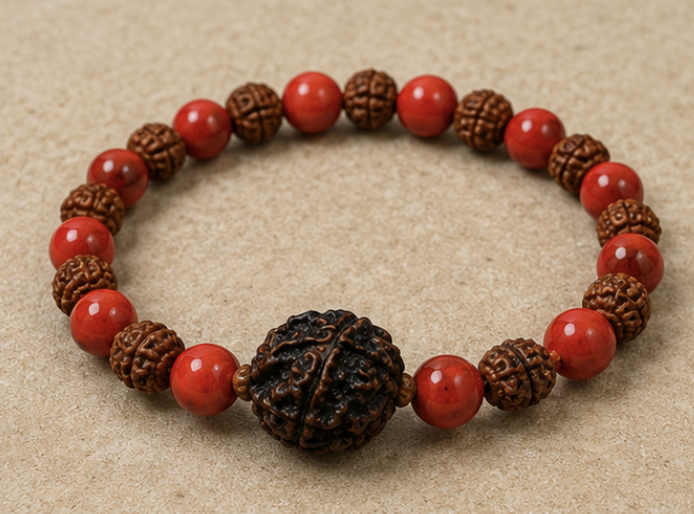 Red Coral & Rudraksh Bracelet | 14 Grams | Natural Gemstone & Rudraksh Bracelet - Image 3