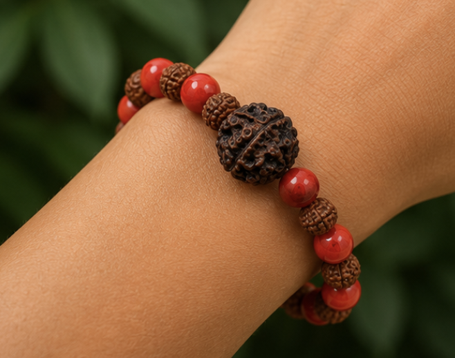 Red Coral & Rudraksh Bracelet | 14 Grams | Natural Gemstone & Rudraksh Bracelet
