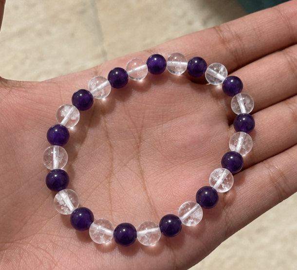 Amethyst & Clear Quartz Bracelet | 12 Carats | Natural Crystal Beaded Bracelet - Image 5