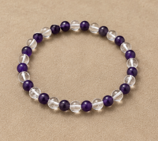 Amethyst & Clear Quartz Bracelet | 12 Carats | Natural Crystal Beaded Bracelet - Image 4