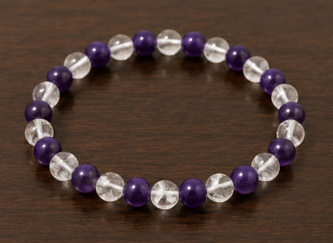 Amethyst & Clear Quartz Bracelet | 12 Carats | Natural Crystal Beaded Bracelet - Image 3