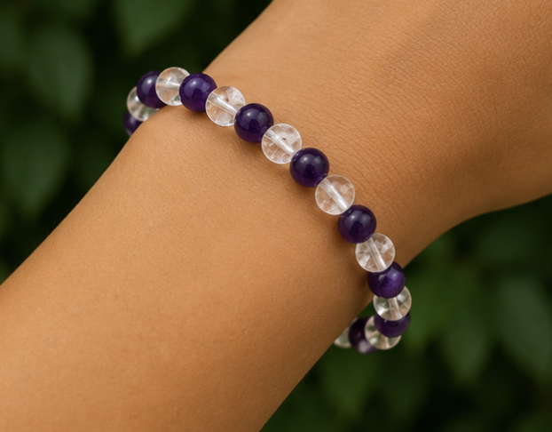 Amethyst & Clear Quartz Bracelet | 12 Carats | Natural Crystal Beaded Bracelet