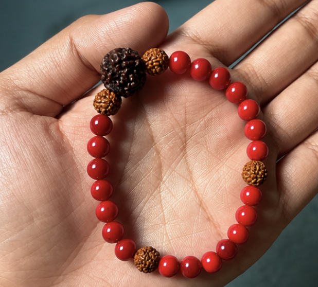 Red Coral & Rudraksh Bracelet | 10 Carats | Natural Gemstone & Rudraksh Bracelet - Image 2