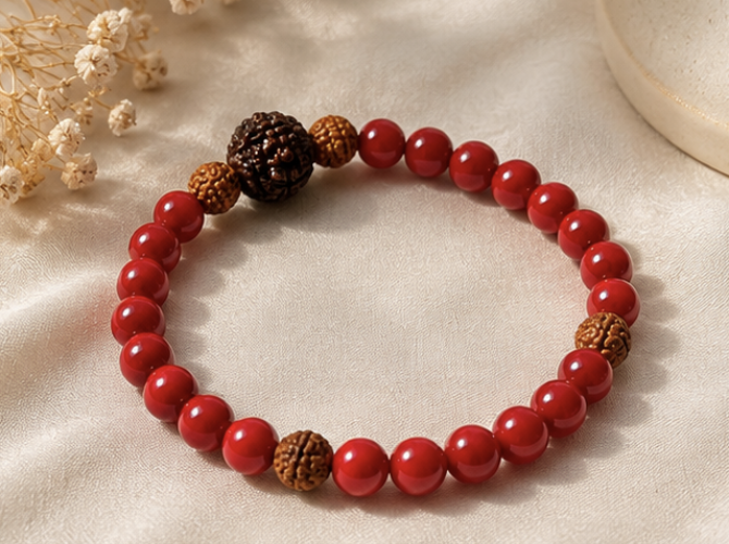 Red Coral & Rudraksh Bracelet | 10 Carats | Natural Gemstone & Rudraksh Bracelet - Image 3