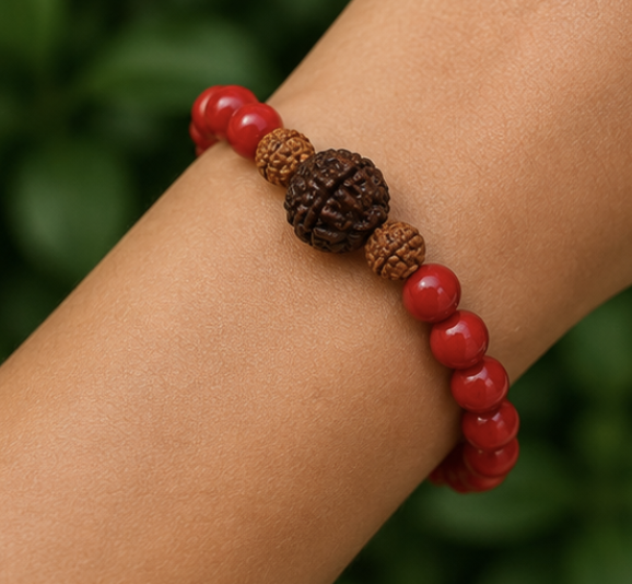 Red Coral & Rudraksh Bracelet | 10 Carats | Natural Gemstone & Rudraksh Bracelet